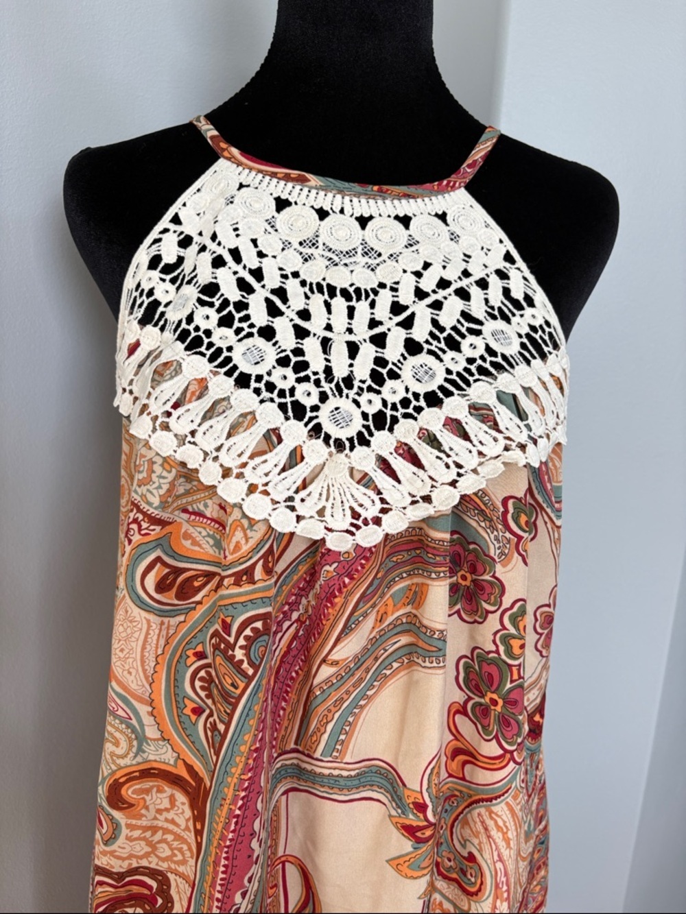 Crochet-Yoke Paisley Mini Dress in Cream and Rust - Picture 2 of 6